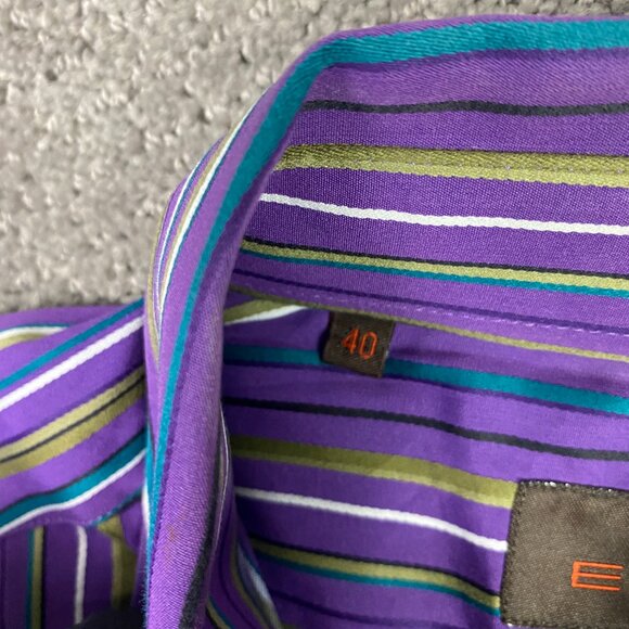 Etro Shirt Men's 40 Purple Green Gold Striped Button Down Up Cotton Milano NWOT - Picture 6 of 12